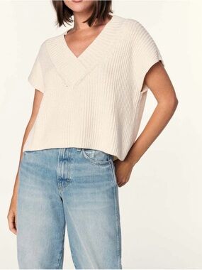 AMO Aurora Cream Ribbed V-Neck Short Sleeve Sweater XS Baggy Oversized Bamboo